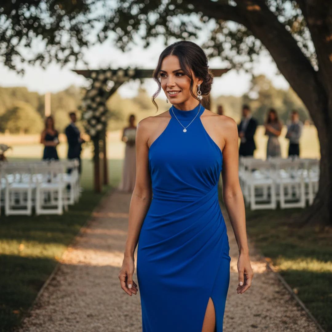 Dress Wedding Guest Halter Slit Formal Long