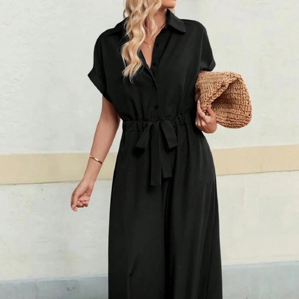 Dress Loose Casual Polo Collar Lace-up Jumpsuit