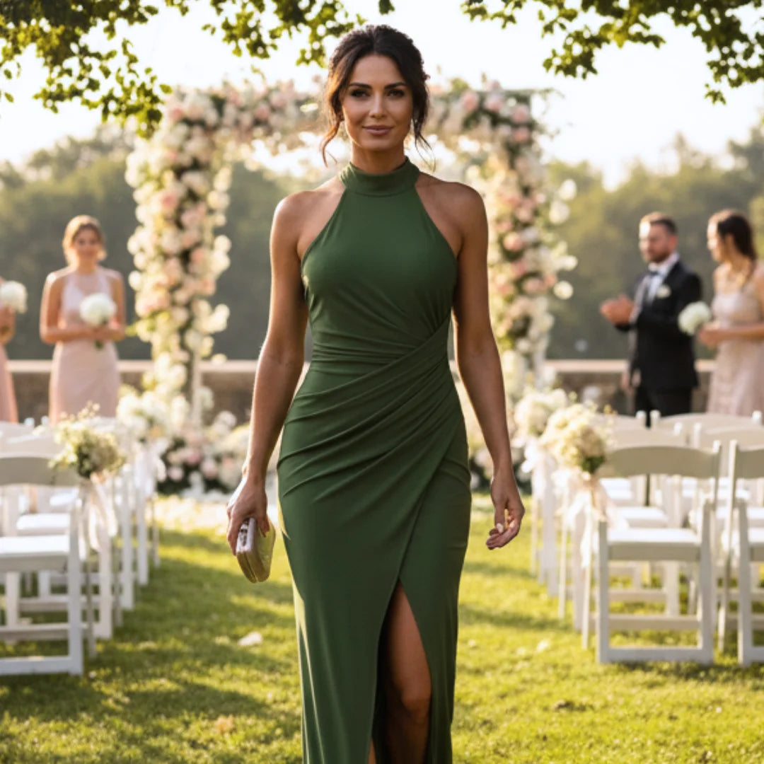 Dress Wedding Guest Halter Slit Formal Long