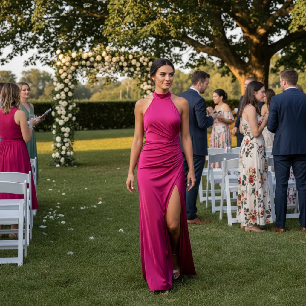Dress Wedding Guest Halter Slit Formal Long